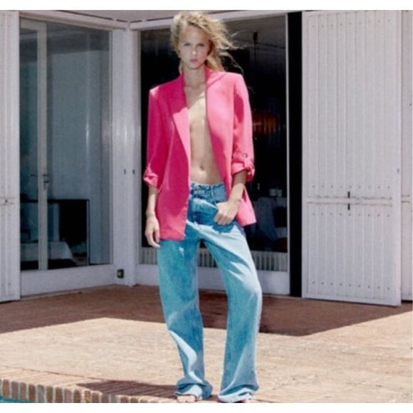 Zara Women's Peak Lapel Quarter Roll Tab Sleeve Blazer Jacket Fuchsia Small - Picture 3 of 7